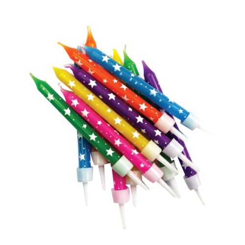 A collection if single candles with stars on the side in various colours