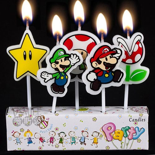 5 Super Mario Candles showing different Nintendo characters with candles alight