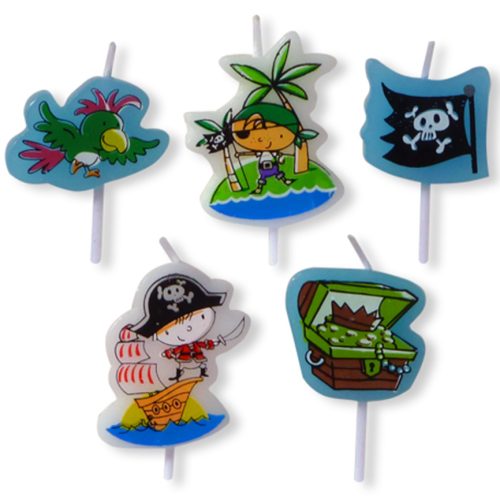 5 Pirate party candles including pirates a treasure chest, parrot and jolly roger flag