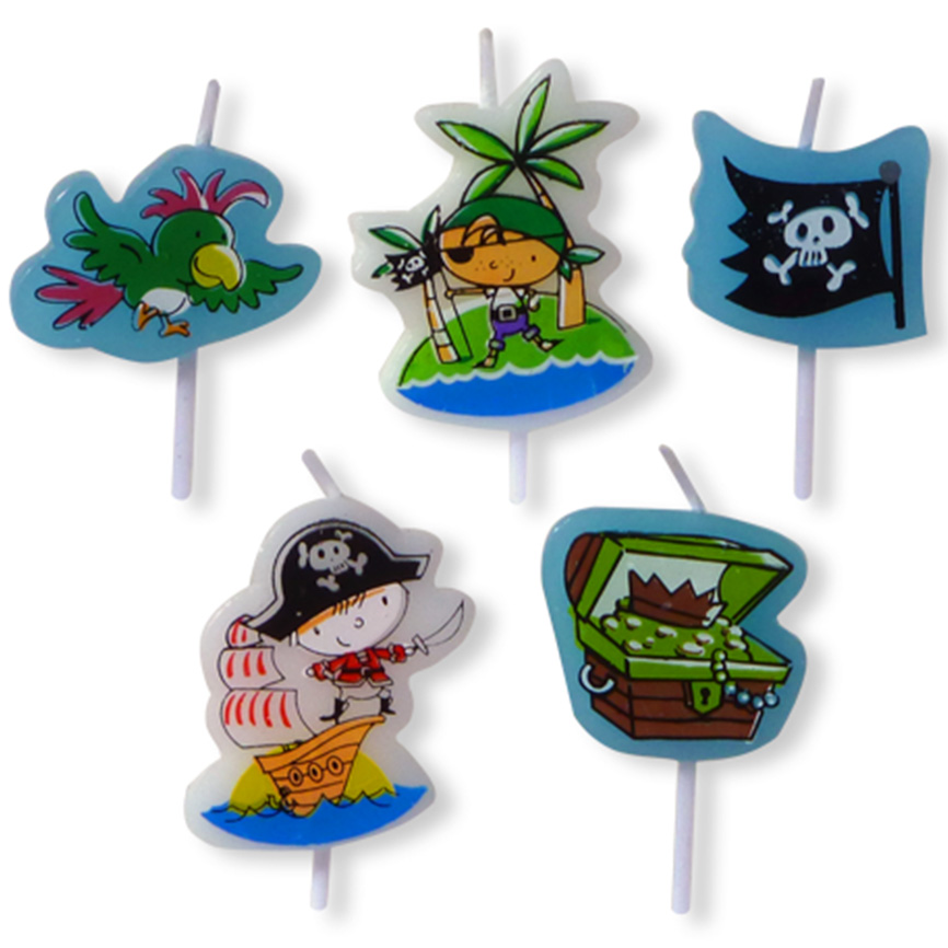 5 Pirate party candles including pirates a treasure chest, parrot and jolly roger flag