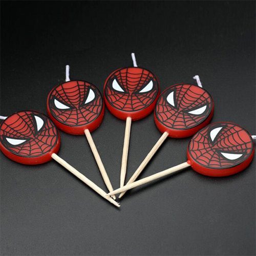 A picture of 5 Spider-man man birthday candles