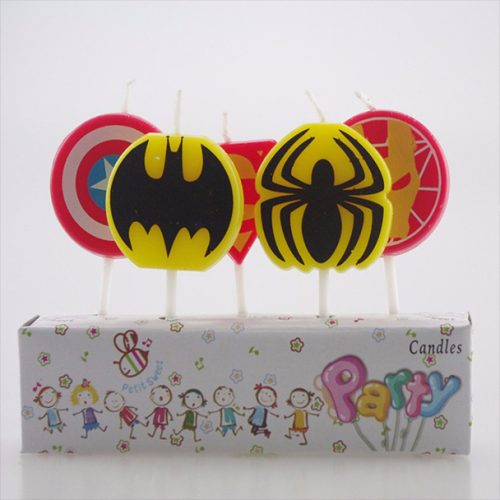 Superhero party candles - 5 toothpick candles featuring logos for Captain America, Superman, Iron Man, Batman and Spiderman