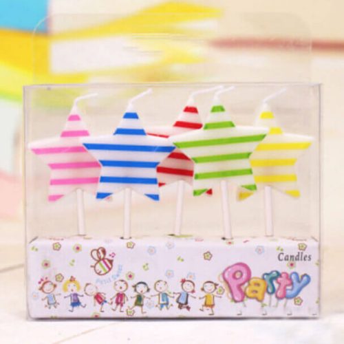 A sent of 5 striped star shaped candles in Pink Stripes, Blue Stripes, Red stripes, green stripes and yellow stripes