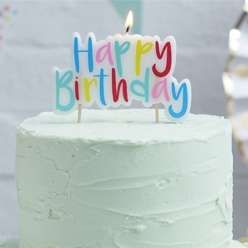 Happy Birthday Candle written in a rainbow font