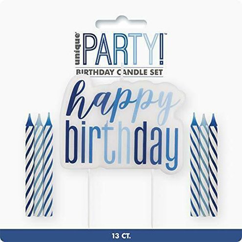 Blue Candle which reads Happy Birthday and 12 stripe candles