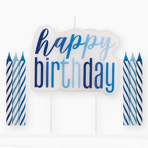 Blue Coloured Words on candle reading Happy Birthday